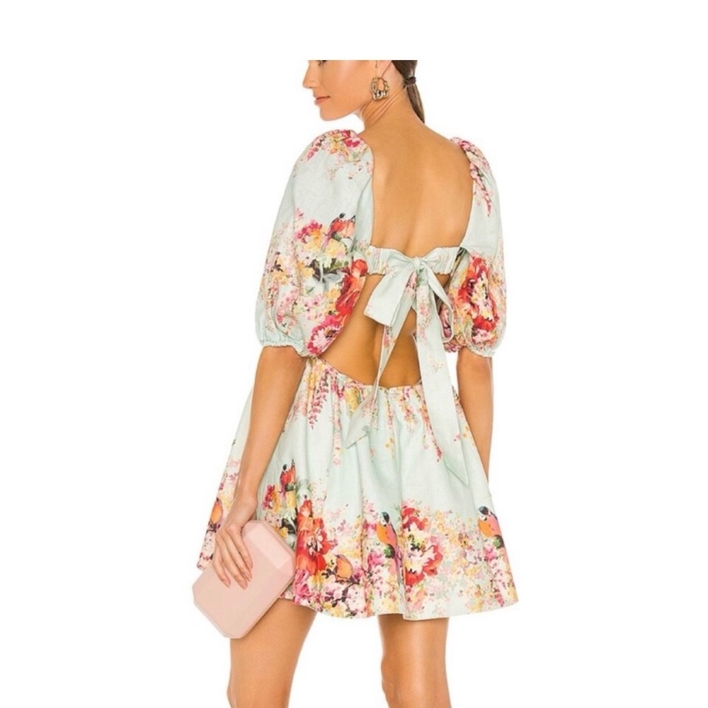 Zimmermann Mint Floral Puff-Sleeve Cut Out Mae Mini Dress Sz 1 AU - Picture 3 of 15